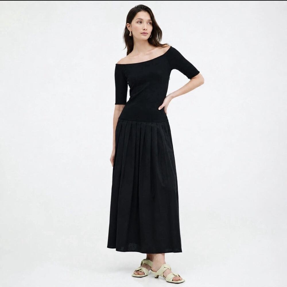 NWT $138 Marcella NYC Mila Black Off Shoulder Pleated Maxi Dress XL Minimalist